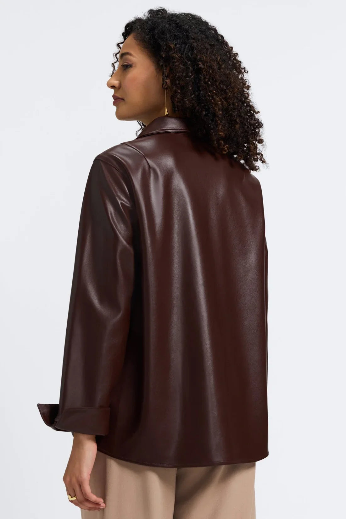 Faux Leather V Neck Top-Brown