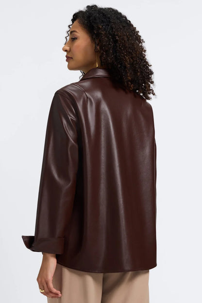 Faux Leather V Neck Top-Brown