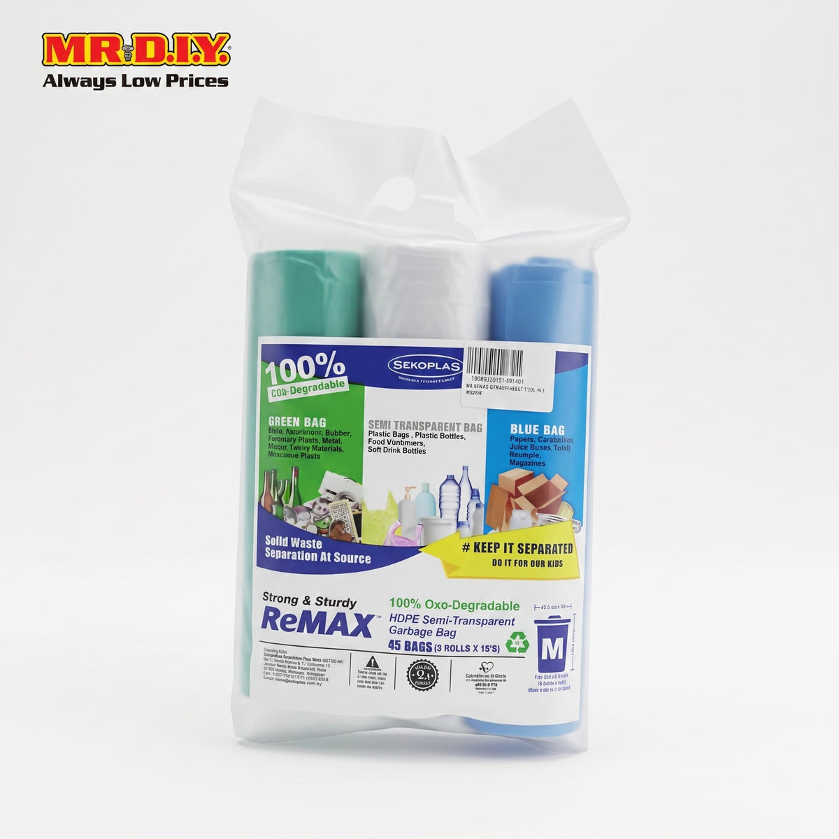 SEKOPLAS ReMAX HDPE Semi-Transparent Garbage Bag M Size (3 x 15pcs)