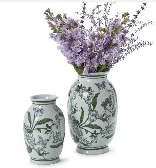 Primrose and Lotus Hand-Painted Green and White Chinoiserie Vases (Large)