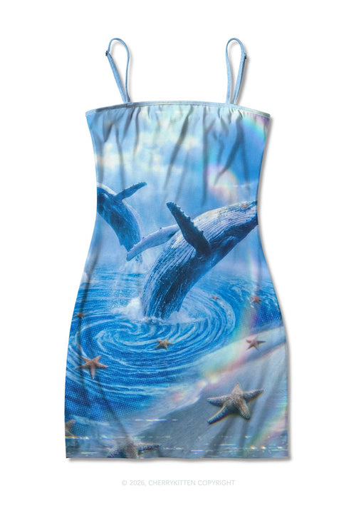 Whale Starfish Y2K Print Slip Dress Cherrykitten
