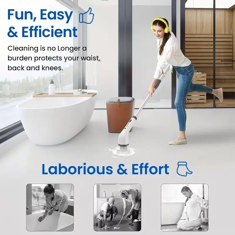 Cordless Electric Spin Scrubber, 8 Replaceable Brush Heads, 3-Length Extendable Handle, Dual-Speed, IPX7 Waterproof & USB-C Rechargeable
