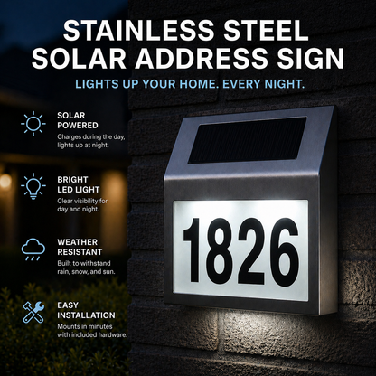 Solar LED Address Sign – Stainless Steel House Number Light with White LEDs, Waterproof, Customizable Numbers & Letters, Auto On/Off, 7.86 x 7.07 Inches
