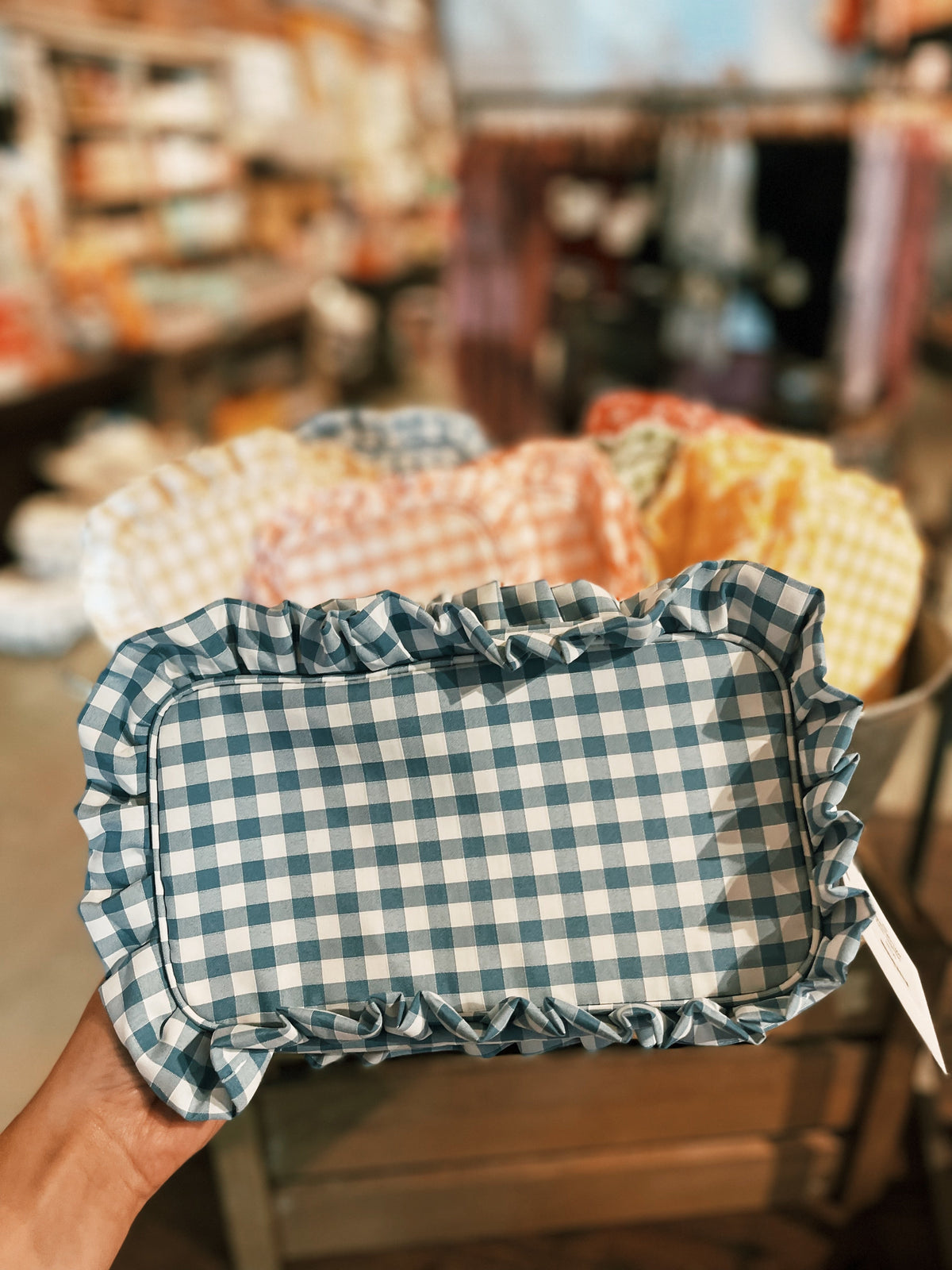 Gingham Ruffle Zipper Pouch - Royal Blue