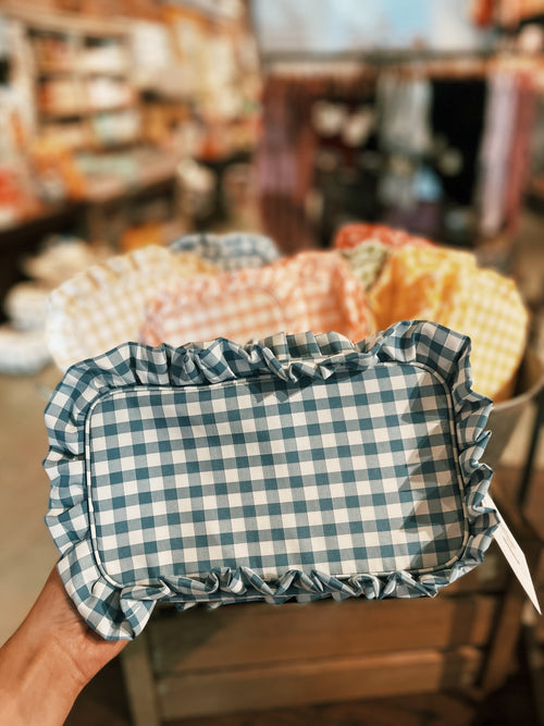 Gingham Ruffle Zipper Pouch - Royal Blue