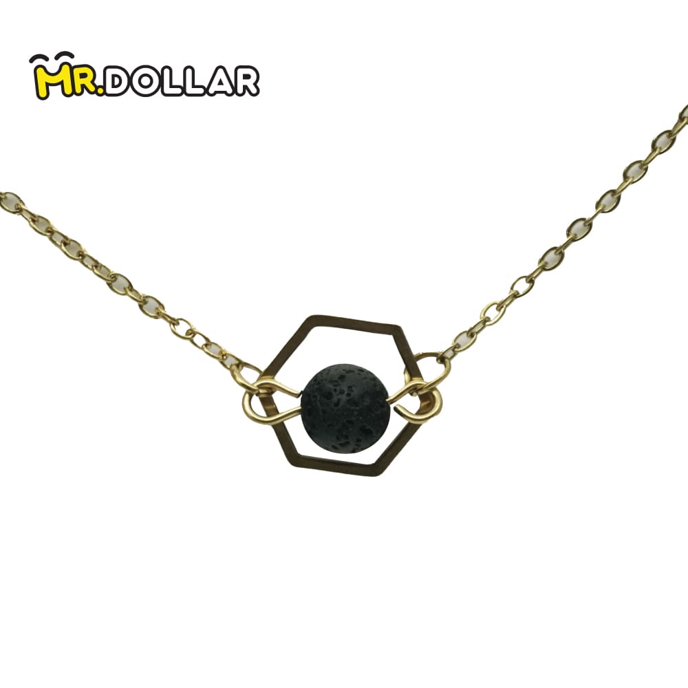 HIAS JEWELLERY Gold Necklace with Black Lava Natural Diffuser Stone - Hexagon