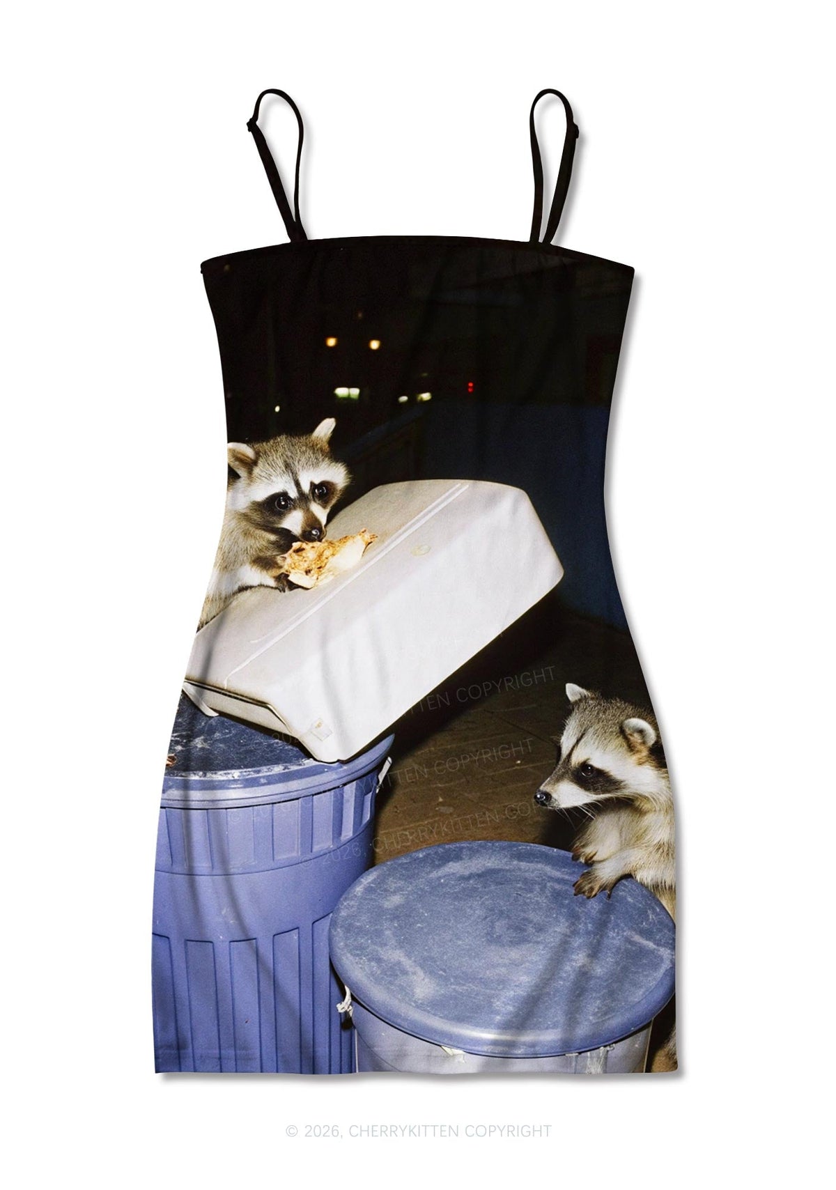 Raccoons Pizza Feast Y2K Print Slip Dress Cherrykitten