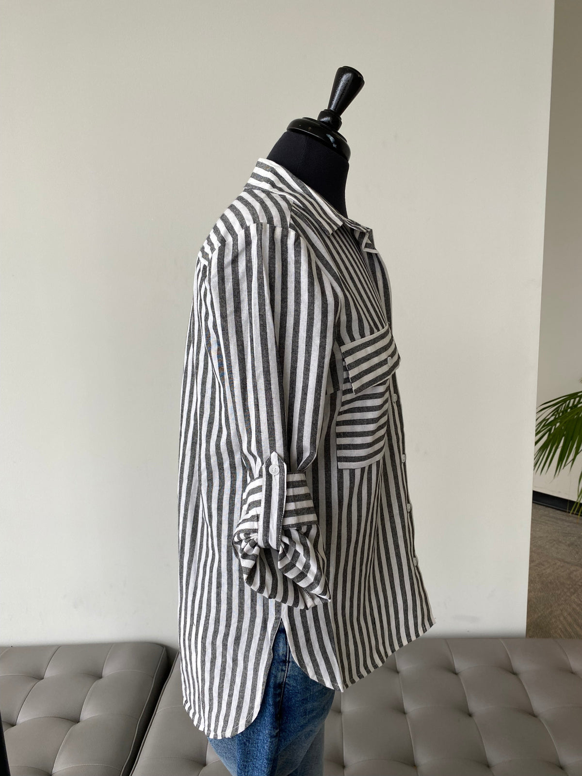 Stripe Button Up Top-White/Charcoal