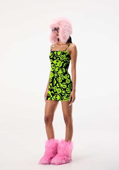 Green Alien Doodle Y2K Print Slip Dress Cherrykitten