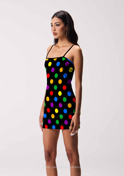 Rainbow Dots On Black Pride Y2K Print Slip Dress Cherrykitten