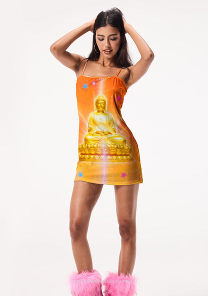 Golden Buddha Y2K Print Slip Dress Cherrykitten