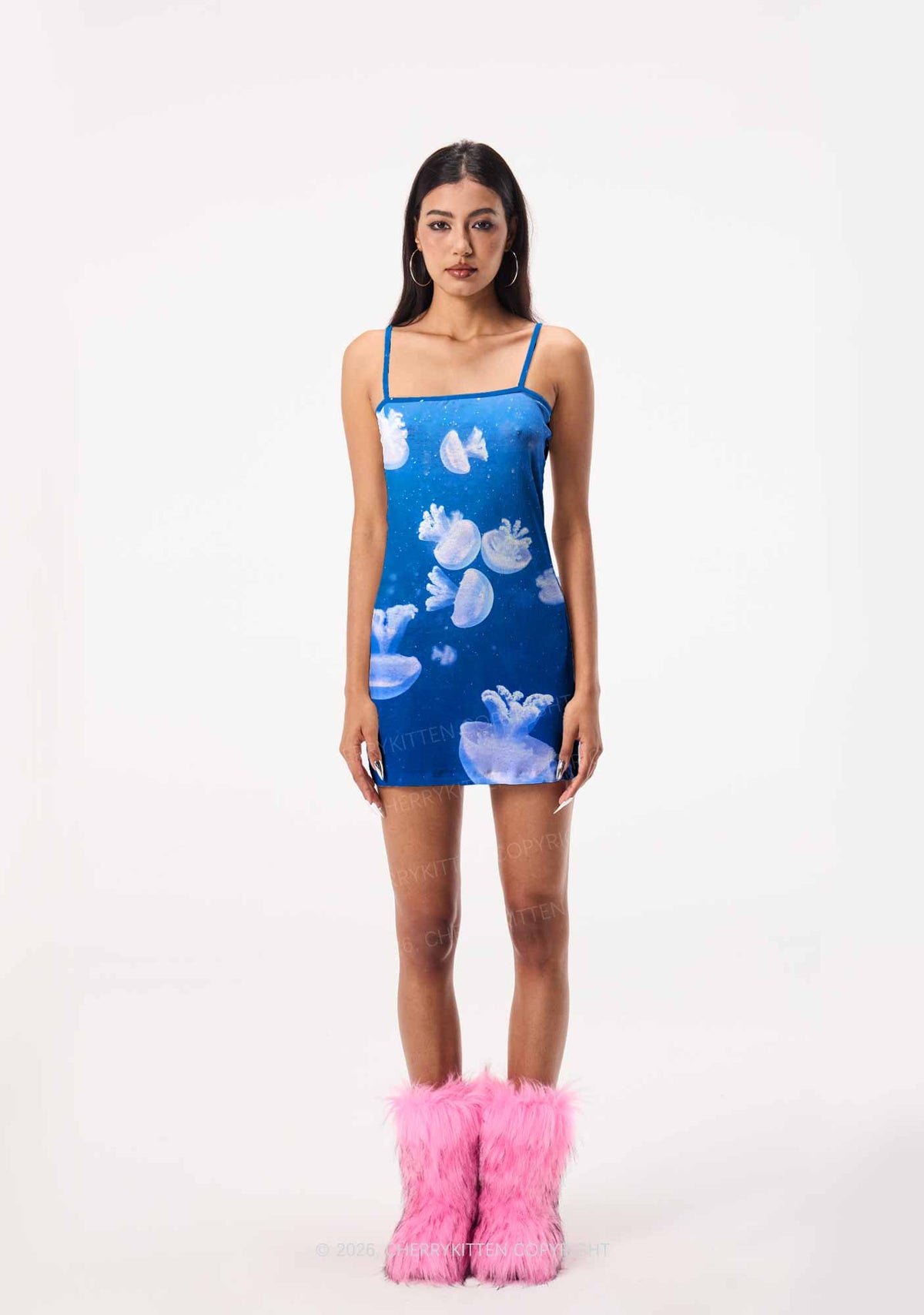 Deep Sea White Jellyfish Y2K Print Slip Dress Cherrykitten