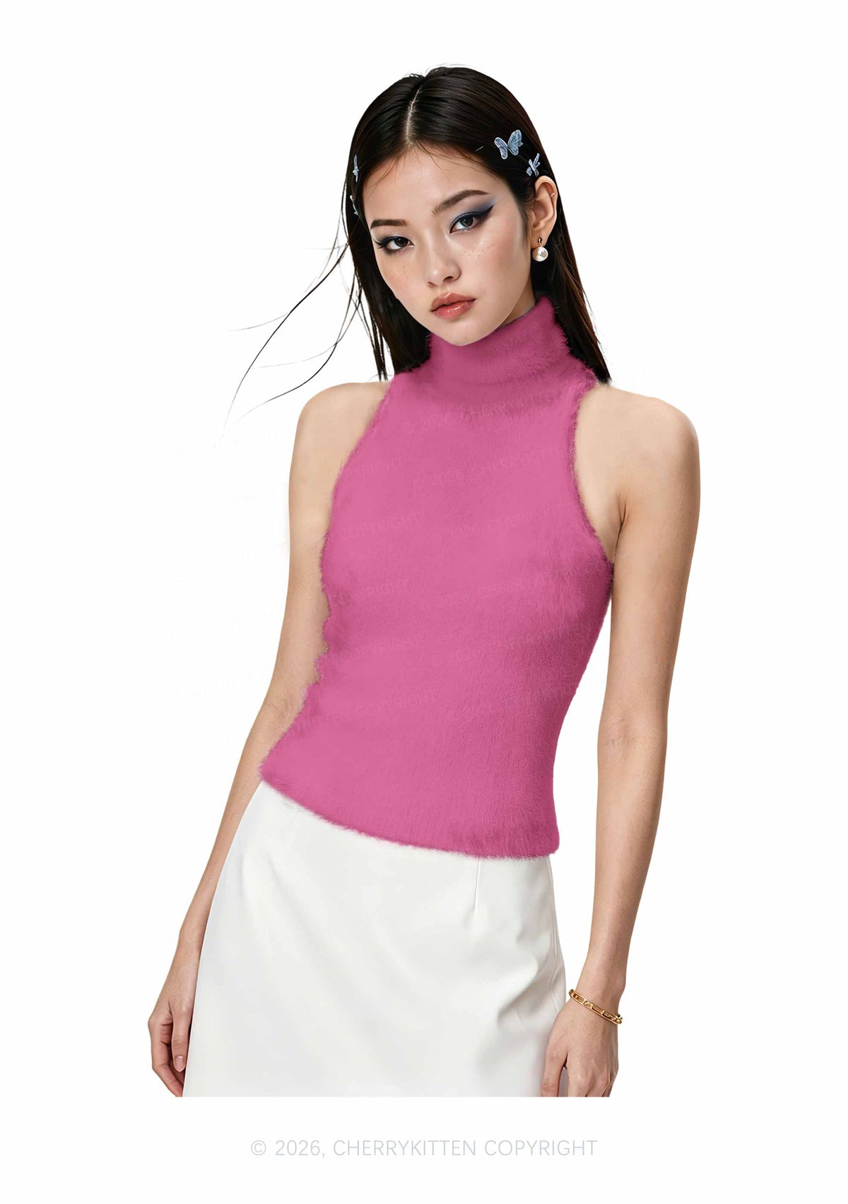 Plain Rose Red Y2K Knit Turtleneck Tank Top Cherrykitten