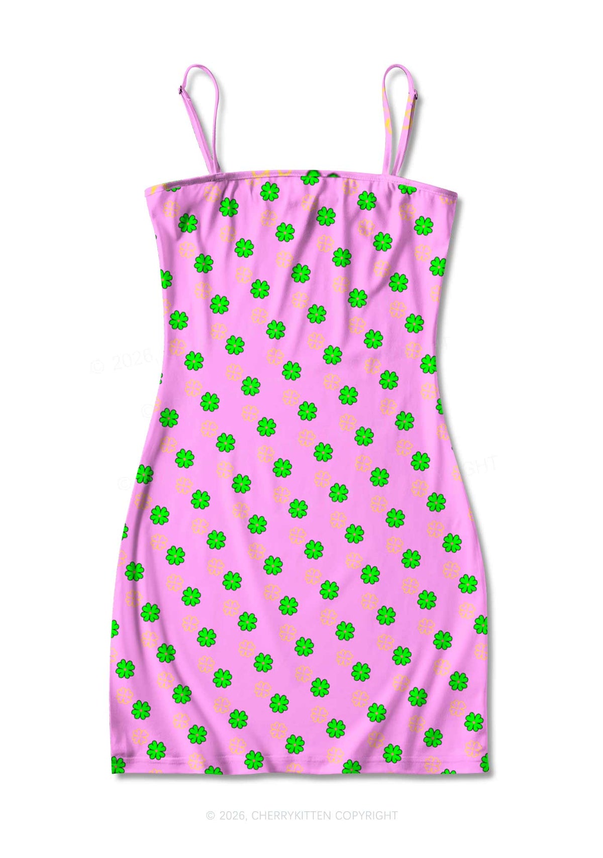 Clover On Pink St Patricks Y2K Print Slip Dress Cherrykitten