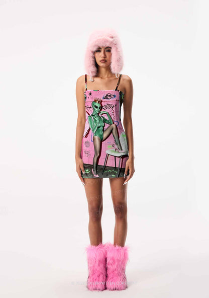 Alien Angel Graffiti Wall Y2K Print Slip Dress Cherrykitten