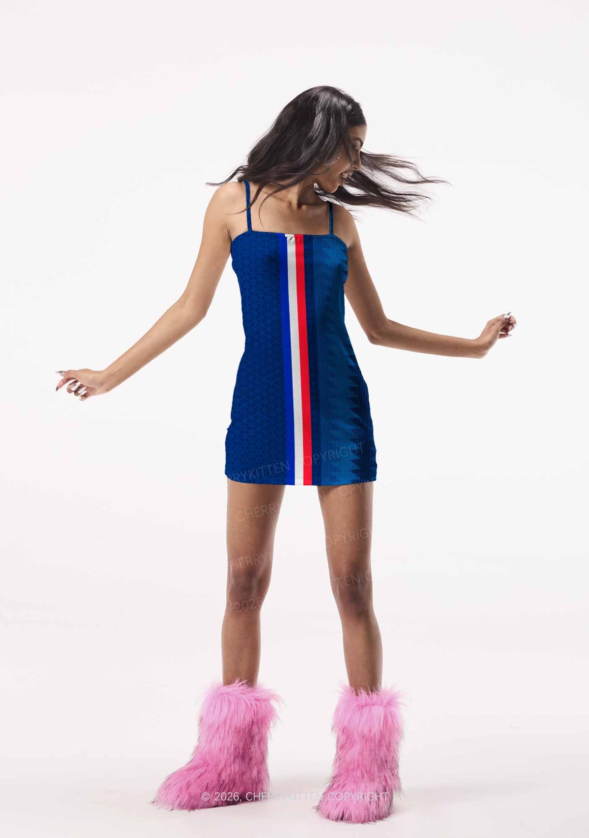 Red White Blue Stripe Y2K Print Slip Dress Cherrykitten