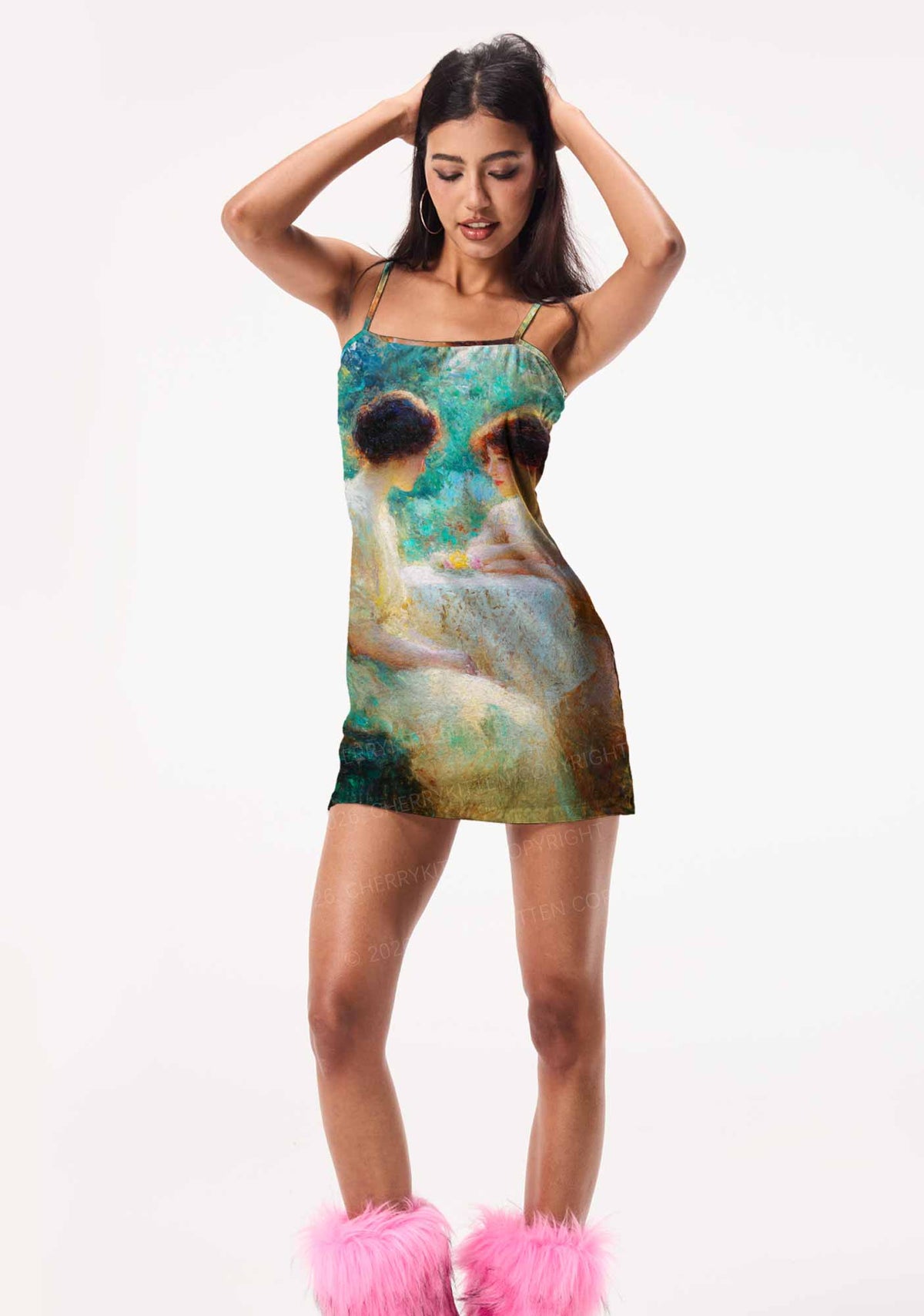 Garden Tea Scene Art Pride Y2K Print Slip Dress Cherrykitten