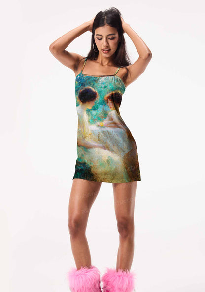 Garden Tea Scene Art Pride Y2K Print Slip Dress Cherrykitten