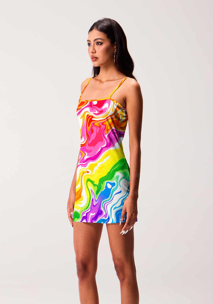 Rainbow Liquid Tie Dye Pride Y2K Print Slip Dress Cherrykitten