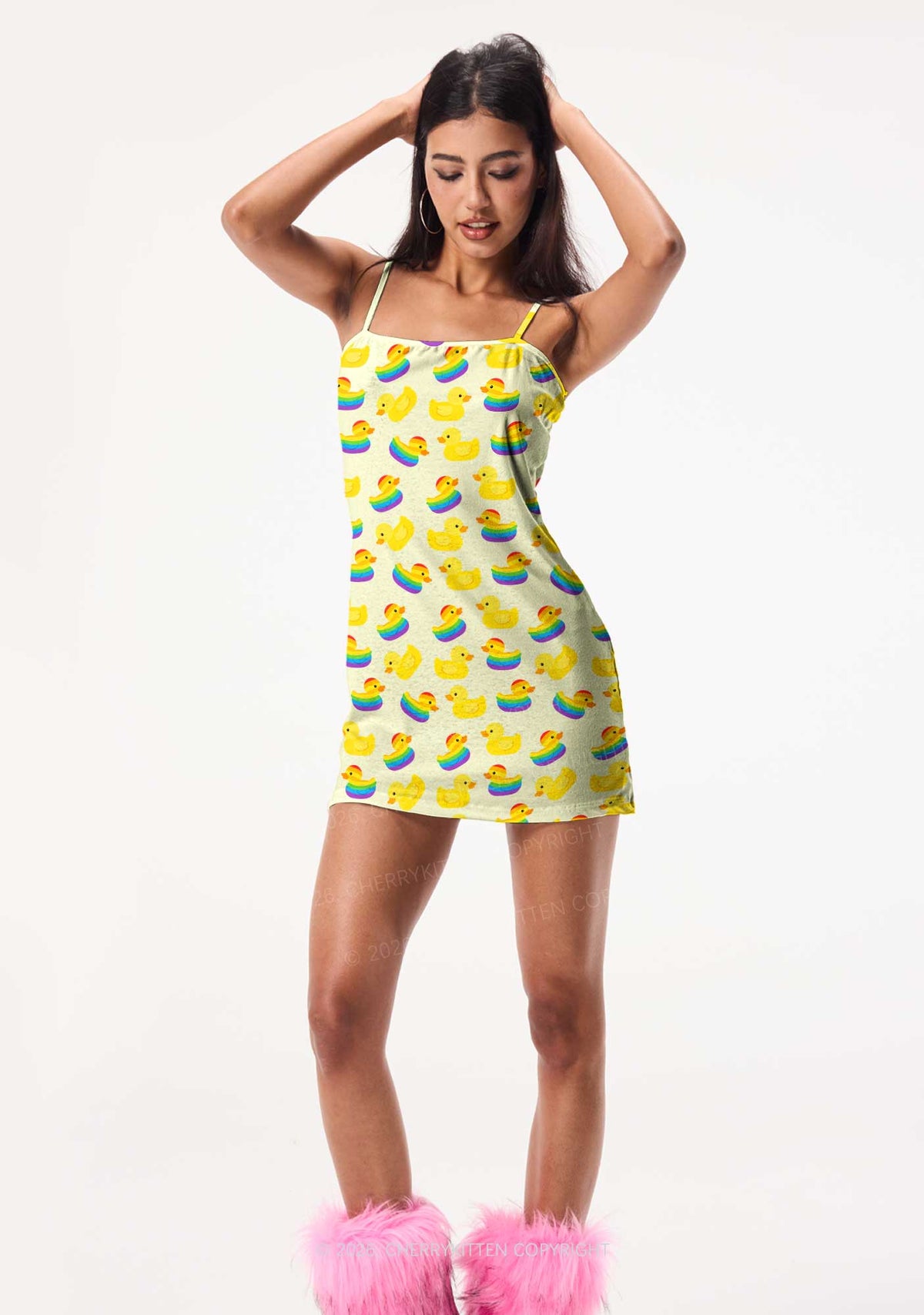 Rainbow Ducks Pride Y2K Print Slip Dress Cherrykitten