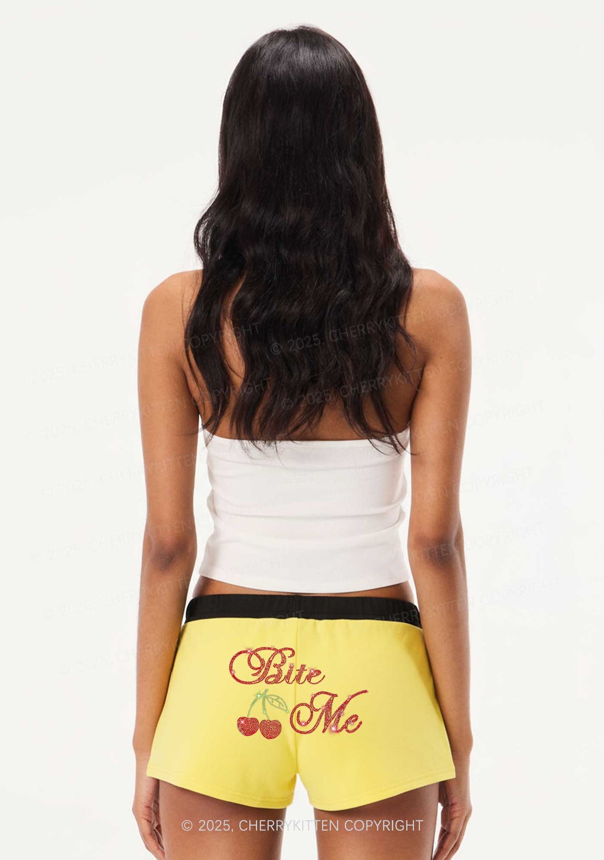 Rhinestone Red Cherry Bite Me Y2K Drawstring Mini Shorts Cherrykitten