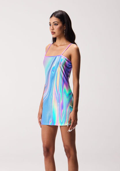Holographic Iridescent Swirl Y2K Print Slip Dress Cherrykitten