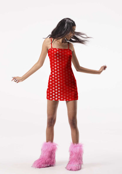 Red White Gradient Cross Y2K Print Slip Dress Cherrykitten
