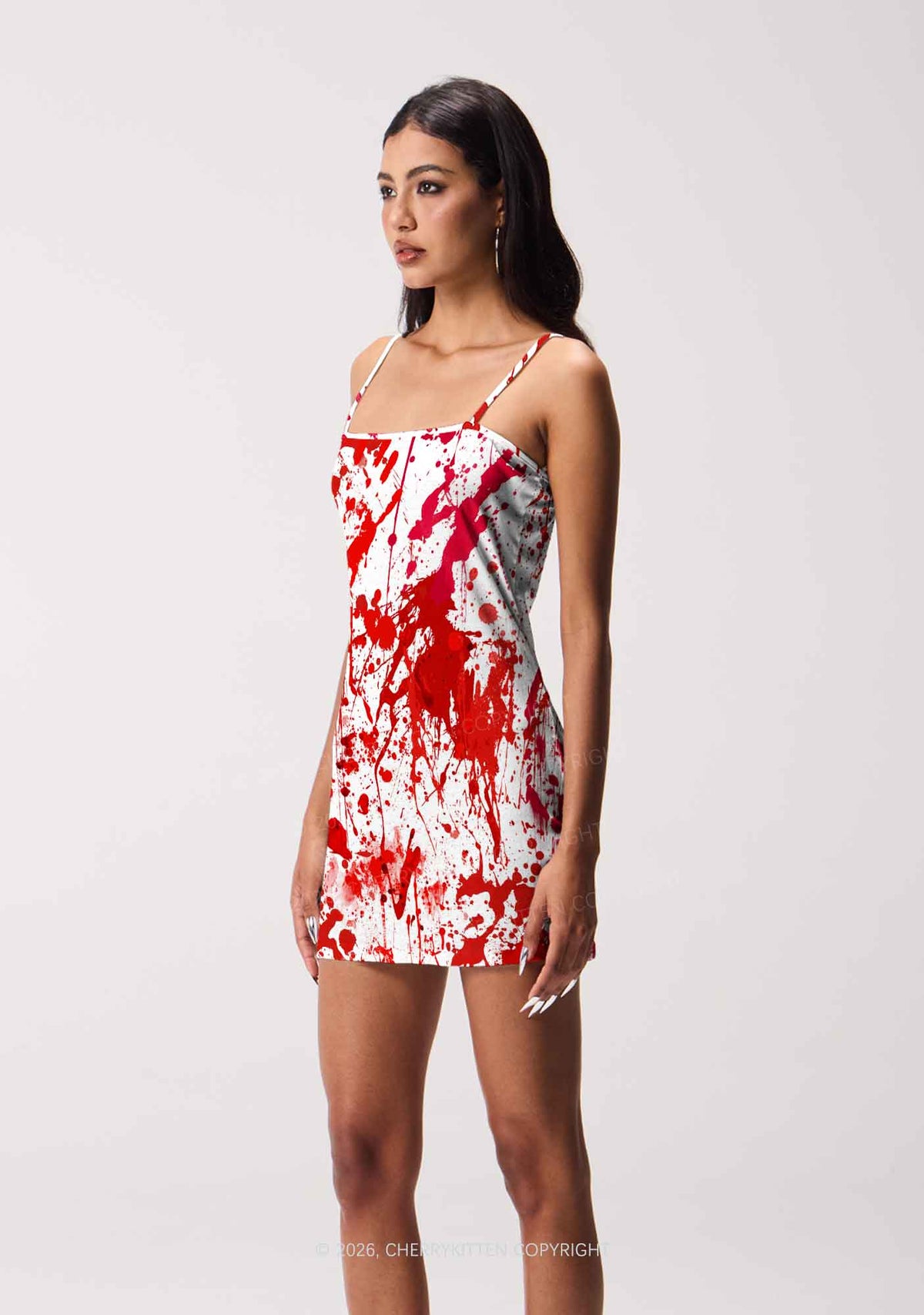 Halloween Red Blood On White Y2K Print Slip Dress Cherrykitten