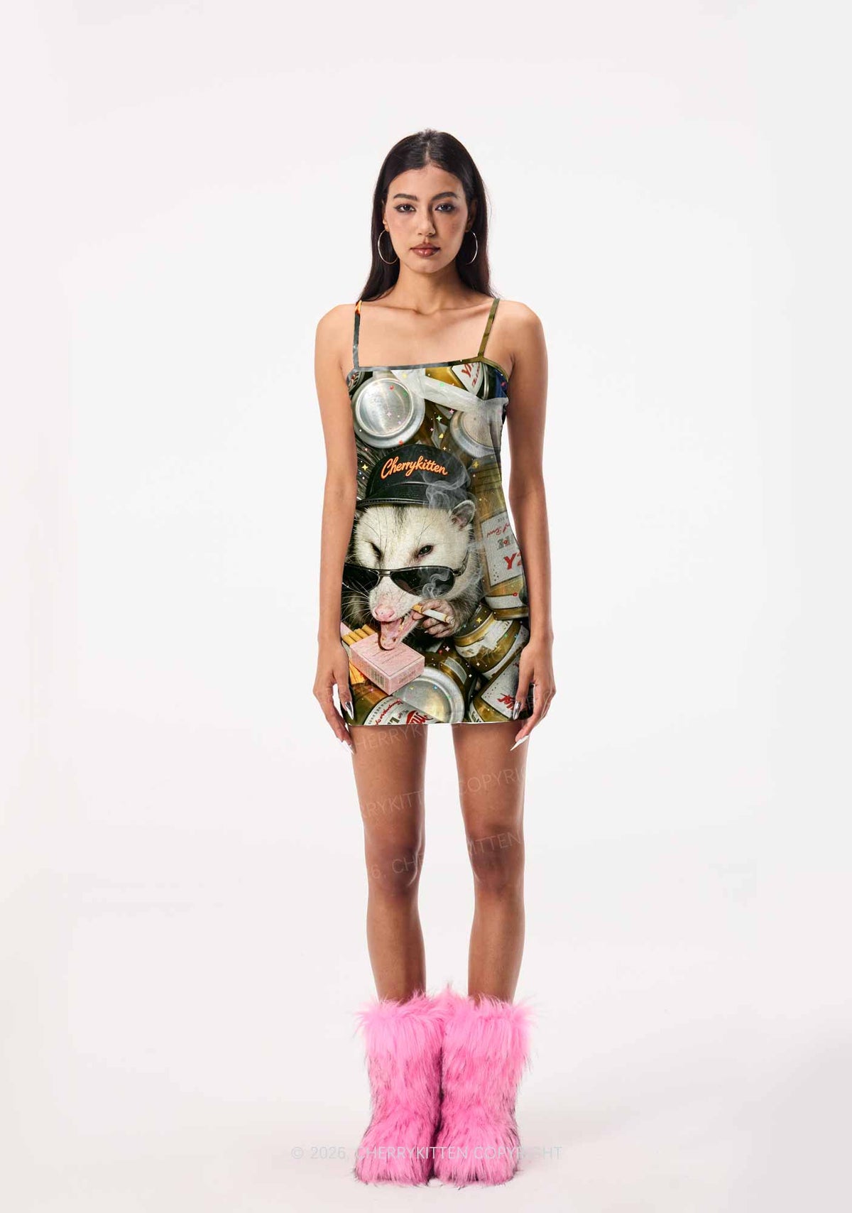 Smoking Opossum Y2K Print Slip Dress Cherrykitten