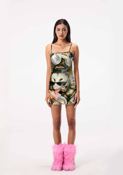 Smoking Opossum Y2K Print Slip Dress Cherrykitten