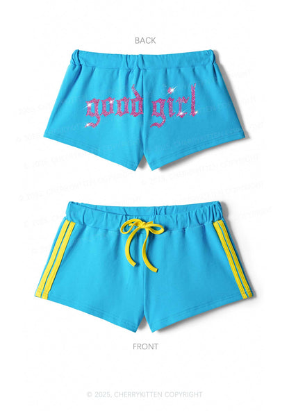 Rhinestone Good Girl Y2K Drawstring Mini Shorts Cherrykitten