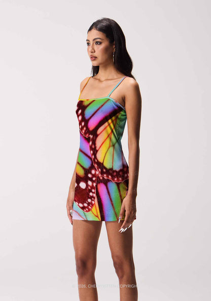 Rainbow Butterfly Wing Pride Y2K Print Slip Dress Cherrykitten