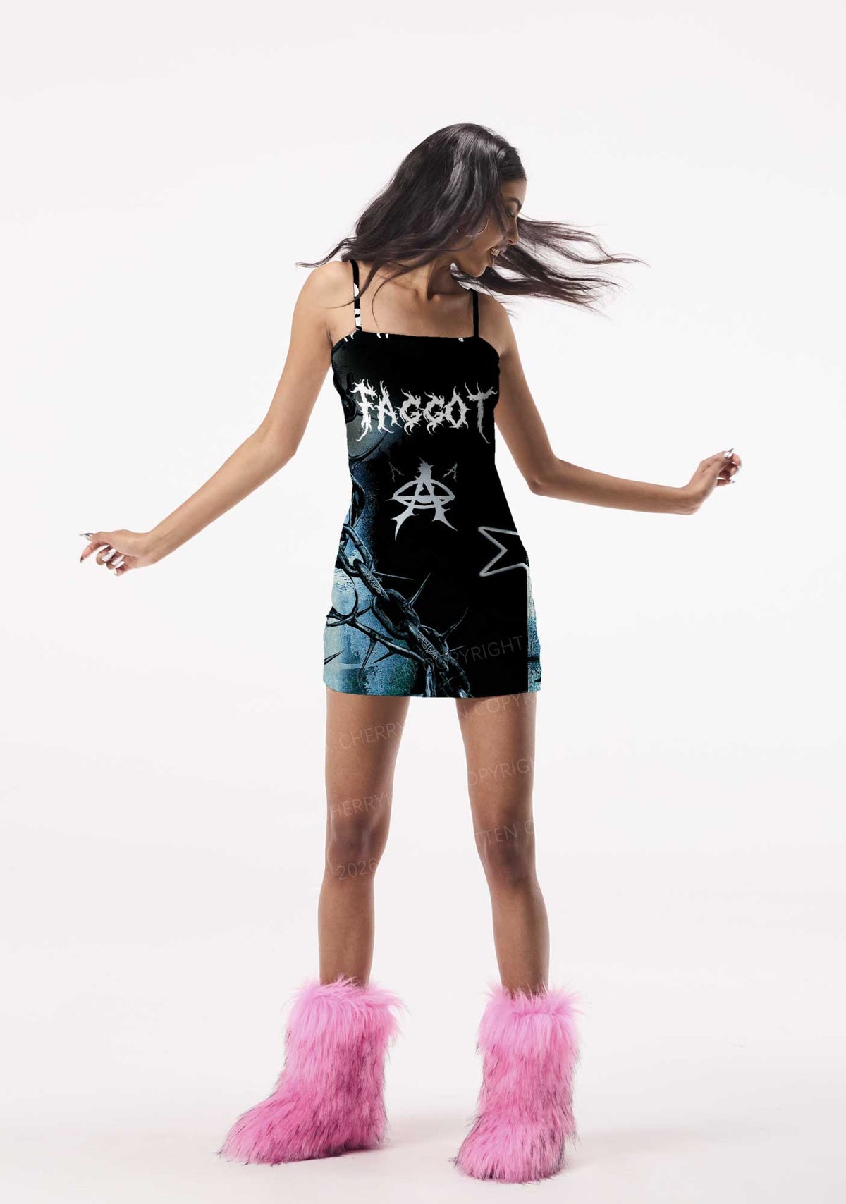 Black Thorn Faggot Pride Y2K Print Slip Dress Cherrykitten