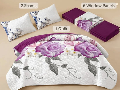 Queen 9-Piece Purple Rose Bedding and Curtain Set with Quilted Bedspread, Shams & Sheer Panels for a Complete Bedroom Refresh