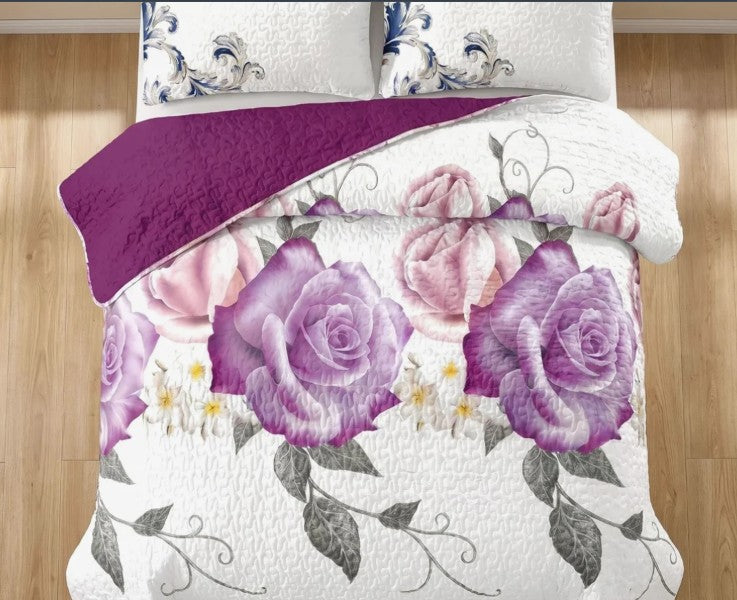 Queen 9-Piece Purple Rose Bedding and Curtain Set with Quilted Bedspread, Shams & Sheer Panels for a Complete Bedroom Refresh