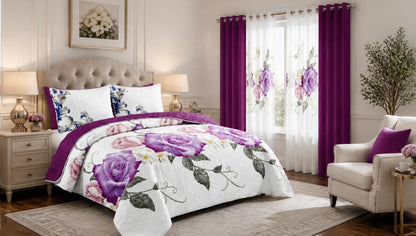Queen 9-Piece Purple Rose Bedding and Curtain Set with Quilted Bedspread, Shams & Sheer Panels for a Complete Bedroom Refresh