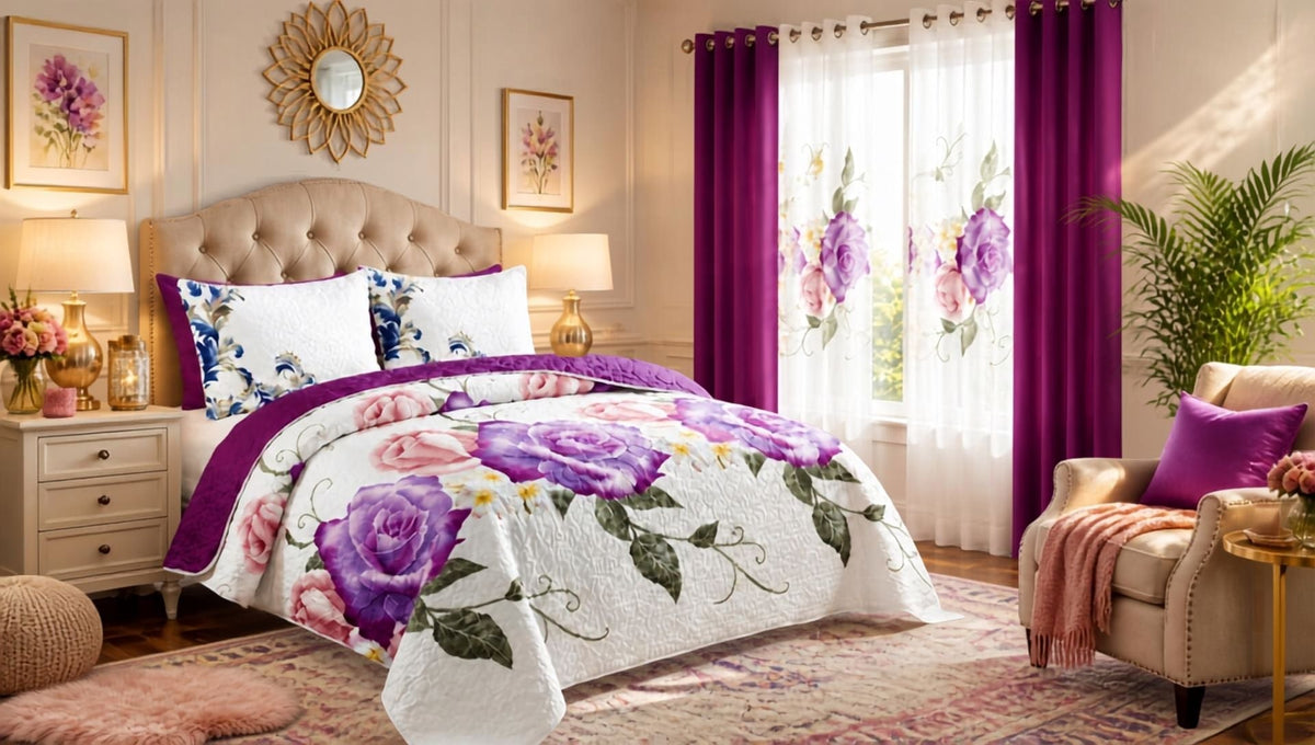 Queen 9-Piece Purple Rose Bedding and Curtain Set with Quilted Bedspread, Shams & Sheer Panels for a Complete Bedroom Refresh