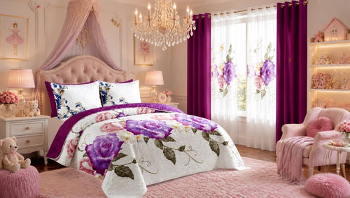 Queen 9-Piece Purple Rose Bedding and Curtain Set with Quilted Bedspread, Shams & Sheer Panels for a Complete Bedroom Refresh