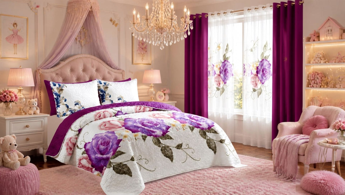 3-Piece Queen Floral Quilt Set, Lightweight Reversible Farmhouse Coverlet with 2 Pillow Shams