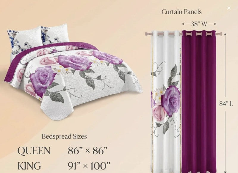Queen 9-Piece Purple Rose Bedding and Curtain Set with Quilted Bedspread, Shams & Sheer Panels for a Complete Bedroom Refresh