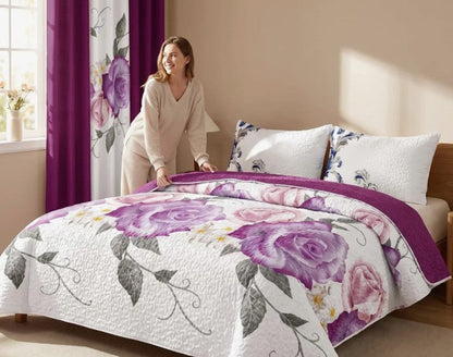 Queen 9-Piece Purple Rose Bedding and Curtain Set with Quilted Bedspread, Shams & Sheer Panels for a Complete Bedroom Refresh