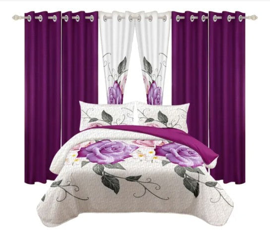 Queen 9-Piece Purple Rose Bedding and Curtain Set with Quilted Bedspread, Shams & Sheer Panels for a Complete Bedroom Refresh