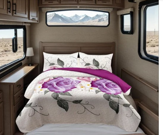 Queen 9-Piece Purple Rose Bedding and Curtain Set with Quilted Bedspread, Shams & Sheer Panels for a Complete Bedroom Refresh