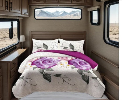 Queen 9-Piece Purple Rose Bedding and Curtain Set with Quilted Bedspread, Shams & Sheer Panels for a Complete Bedroom Refresh