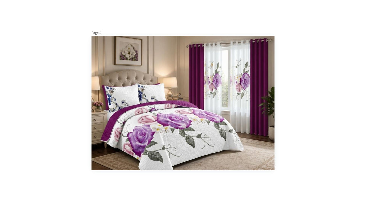 Queen 9-Piece Purple Rose Bedding and Curtain Set with Quilted Bedspread, Shams & Sheer Panels for a Complete Bedroom Refresh