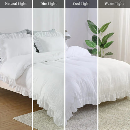 Queen White Microfiber Ruffle Duvet Cover Set, 3-Piece
