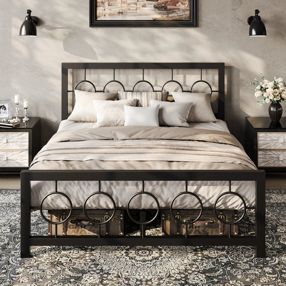 Vintage Modern Bed Frame with Heavy-Duty Iron, Under-Bed Storage, No Box Spring Needed, Black/Brown