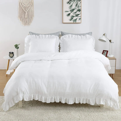 Queen White Microfiber Ruffle Duvet Cover Set, 3-Piece