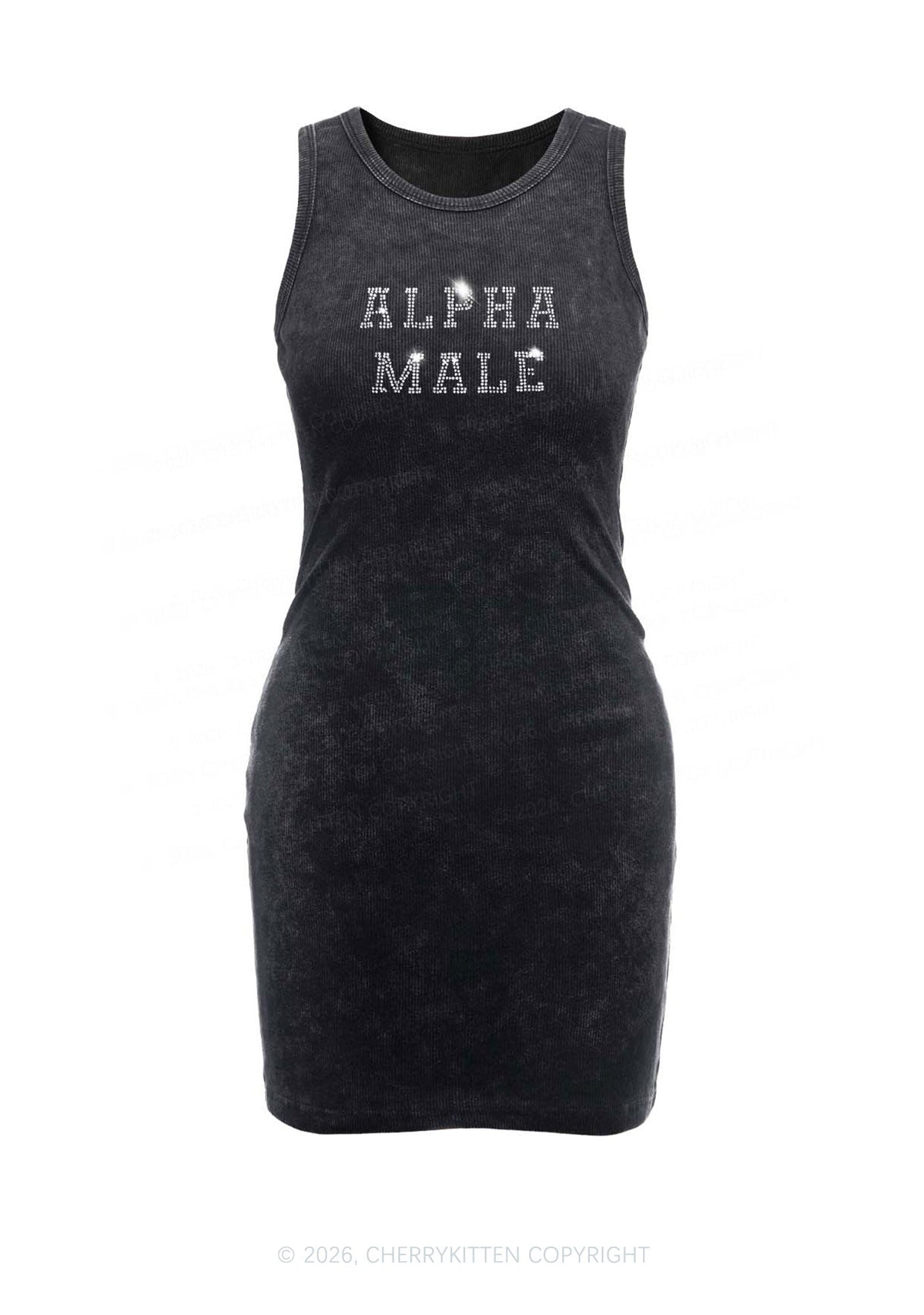 Rhinestone Alpha Male Y2K Washed Tank Dress Cherrykitten