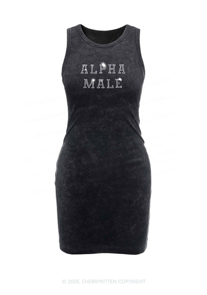 Rhinestone Alpha Male Y2K Washed Tank Dress Cherrykitten